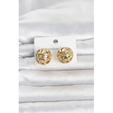 Mey İthalat® 316L Çelik Gold Renk Desenli Top Model Kadın Küpe