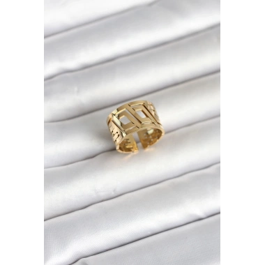 Mey İthalat® 316L Çelik Gold Renk Geometrik Model Kadın Yüzük