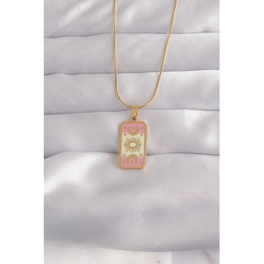 Mey İthalat® 316L Çelik Gold Renk Karışık Mineli Ay Figür Tarot Kolye
