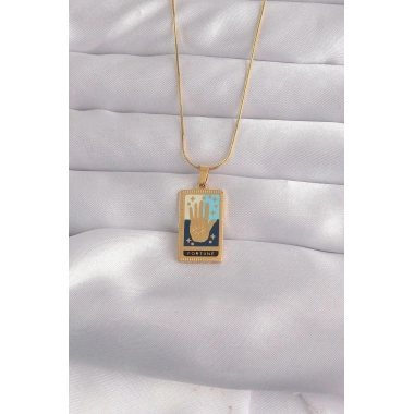 Mey İthalat® 316L Çelik Gold Renk Karışık Mineli El Figür Tarot Kolye