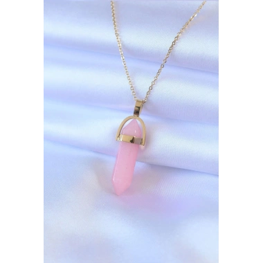 Mey İthalat® 316L Çelik Gold Renk Kristal Pembe Taş Model Kadın kolye