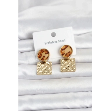 Mey İthalat® 316L Çelik Gold Renk Leopar Desenli Plaka Model Kadın Küpe