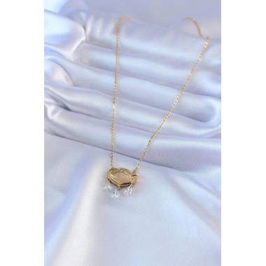 Mey İthalat® 316L Çelik Gold Renk Lotus Model Zirkon Taşlı Kadın Kolye