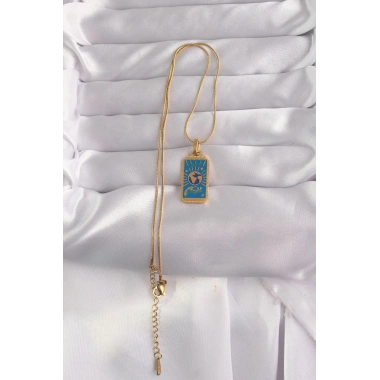 Mey İthalat® 316L Çelik Gold Renk Mavi Mineli El Figür Tarot Kolye