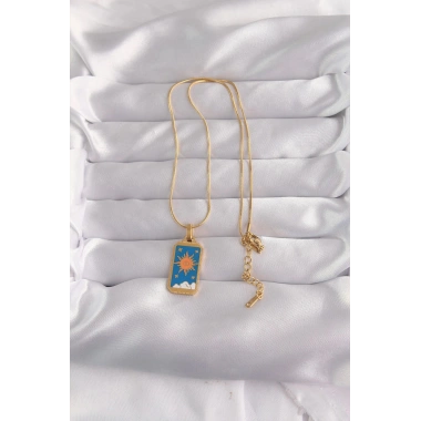 Mey İthalat® 316L Çelik Gold Renk Mavi Mineli Güneş Model Tarot Kolye