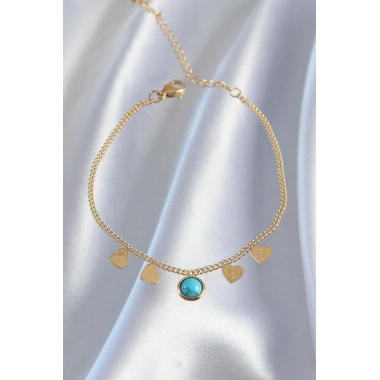 Mey İthalat® 316L Çelik Gold Renk Minimal Kalpli Mavi Taş Detaylı Bileklik