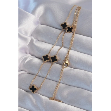 Mey İthalat® 316L Çelik Gold Renk Minimal Siyah Mineli Yonca Kolye