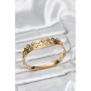 Mey İthalat® 316L Çelik Gold Renk Minimal Yoncalı Kadın Kelepçe Bileklik