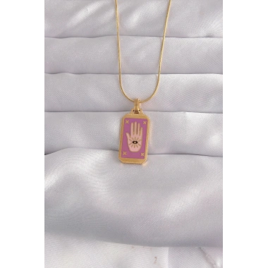 Mey İthalat® 316L Çelik Gold Renk Mor Mineli El Figür Tarot Kolye