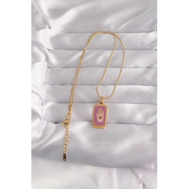 Mey İthalat® 316L Çelik Gold Renk Mor Mineli El Figür Tarot Kolye