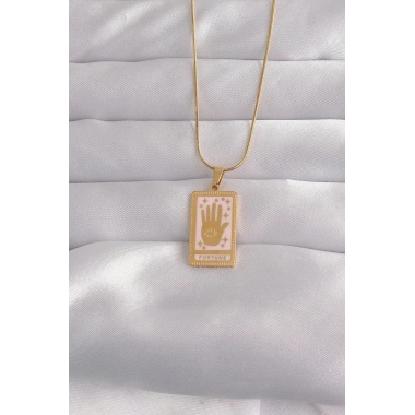 Mey İthalat® 316L Çelik Gold Renk Pembe Mineli El Figür Tarot Kolye