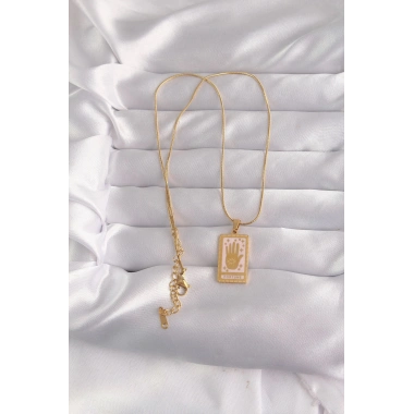 Mey İthalat® 316L Çelik Gold Renk Pembe Mineli El Figür Tarot Kolye