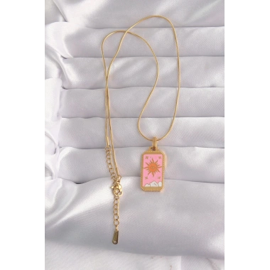 Mey İthalat® 316L Çelik Gold Renk Pembe Mineli Güneş Model Tarot Kolye