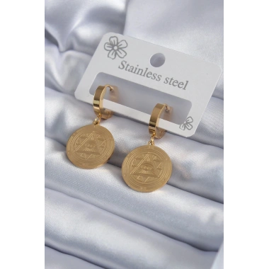 Mey İthalat® 316L Çelik Gold Renk Pentagram İşleme Model Kadın Küpe