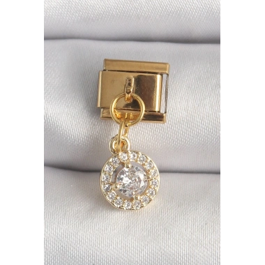 Mey İthalat® 316L Çelik Gold Renk Sallantı Daire Zirkon Taşlı Nomination Charm