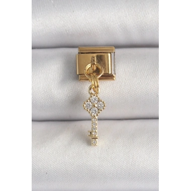 Mey İthalat® 316L Çelik Gold Renk Sallantı Zirkon Taşlı Anahtar Model Nomination Charm