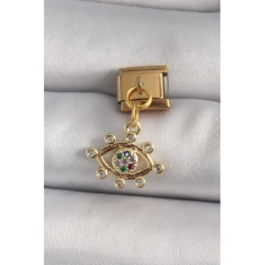 Mey İthalat® 316L Çelik Gold Renk Sallantı Zirkon Taşlı Göz Model Nomination Charm