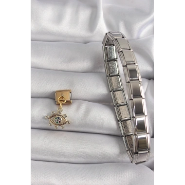 Mey İthalat® 316L Çelik Gold Renk Sallantı Zirkon Taşlı Göz Model Nomination Charm