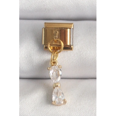 Mey İthalat® 316L Çelik Gold Renk Sallantı Zirkon Taşlı Kurdele Model Nomination Charm