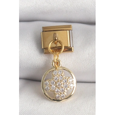 Mey İthalat® 316L Çelik Gold Renk Sallantı Zirkon Taşlı Yonca Model Nomination Charm
