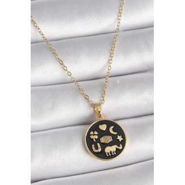 Mey İthalat® 316L Çelik Gold Renk Siyah Şans Kolyesi