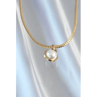 Mey İthalat® 316L Çelik Gold Renk Yassı Zincir İnci Taşlı Kolye