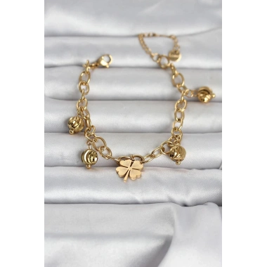 Mey İthalat® 316L Çelik Gold Renk Yonca ve Dorikalı Kadın Bileklik