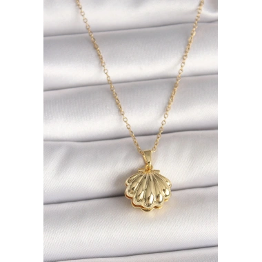 Mey İthalat® 316L Çelik Gold Renk Zincir Açılır İncili Midye Model Kadın Kolye