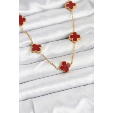 Mey İthalat® 316L Çelik Gold Renk Zincir Bordo Yonca Kadın Kolye