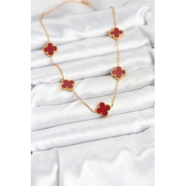 Mey İthalat® 316L Çelik Gold Renk Zincir Bordo Yonca Kadın Kolye