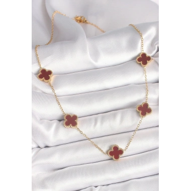 Mey İthalat® 316L Çelik Gold Renk Zincir Bordo Yonca Model Kadın Kolye
