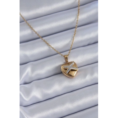Mey İthalat® 316L Çelik Gold Renk Zirkon Detay Kalp Model Kadın Kolye
