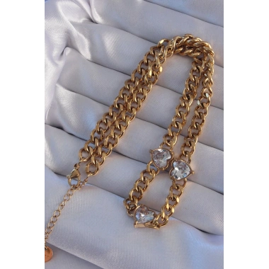 Mey İthalat® 316L Çelik Gold Renk Zirkon Taşlı Kalp Model Zincir Kolye