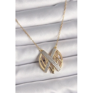Mey İthalat® 316L Çelik Gold Renk Zirkon Taşlı Vintage Model Kadın Kolye