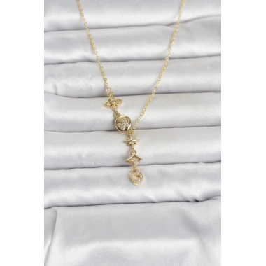 Mey İthalat® 316L Çelik Gold Renk Zirkon Taşlı Y Kadın Kolye