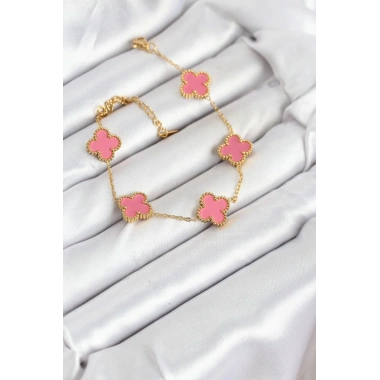 Mey İthalat® 316L Çelik Gold Zincir Pembe Yonca Renk Bileklik