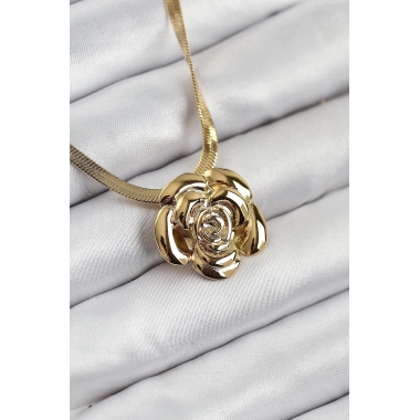 Mey İthalat® 316L Çelik Gül Figürlü İtalyan Zincir Model Gold Renk Kadın Kolye