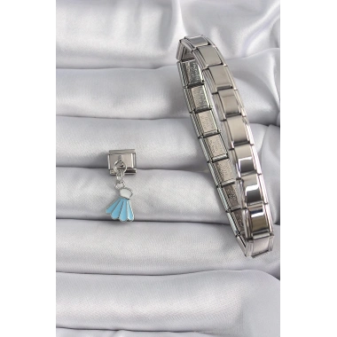 Mey İthalat® 316L Çelik Gümüş Renk Mavi Renk Sallantı Elbise Model Nomination Charm