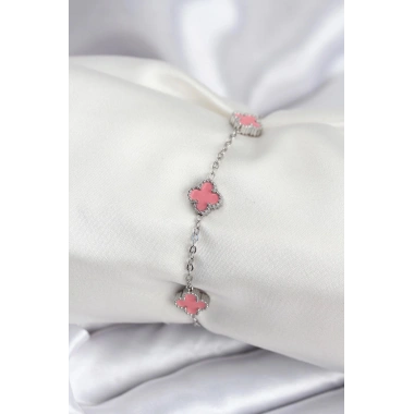 Mey İthalat® 316L Çelik Gümüş Renk Pembe Baby Boy Yonca Kadın Bileklik
