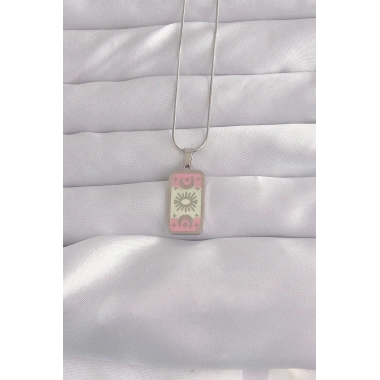 Mey İthalat® 316L Çelik Gümüş Renk Pembe Mineli Ay Figür Tarot Kolye