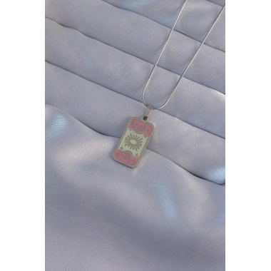 Mey İthalat® 316L Çelik Gümüş Renk Pembe Mineli Ay Figür Tarot Kolye