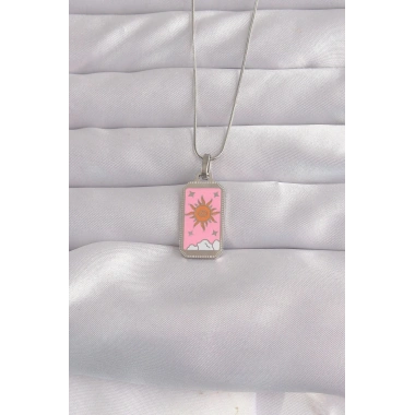 Mey İthalat® 316L Çelik Gümüş Renk Pembe Mineli Güneş Model Tarot Kolye