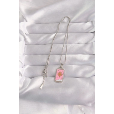 Mey İthalat® 316L Çelik Gümüş Renk Pembe Mineli Güneş Model Tarot Kolye