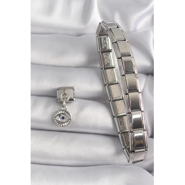 Mey İthalat® 316L Çelik Gümüş Renk Sallantı Zirkon Taşlı Göz Model Nomination Charm