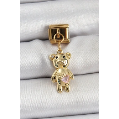 Mey İthalat® 316L Çelik Sallantılı Zirkon Taşlı Ayıcık Model Gold Renk Nomination Charm