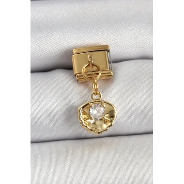 Mey İthalat® 316L Çelik Sallantılı Zirkon Taşlı İstiridye Model Gold Renk Nomination Charm