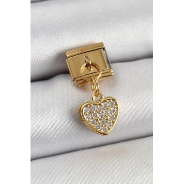 Mey İthalat® 316L Çelik Sallantılı Zirkon Taşlı Kalp Model Gold Renk Nomination Charm