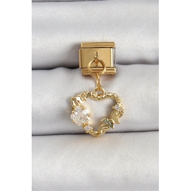 Mey İthalat® 316L Çelik Sallantılı Zirkon Taşlı Kalp Model Gold Renk Nomination Charm