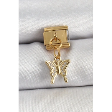 Mey İthalat® 316L Çelik Sallantılı Zirkon Taşlı Kelebek Model Gold Renk Nomination Charm