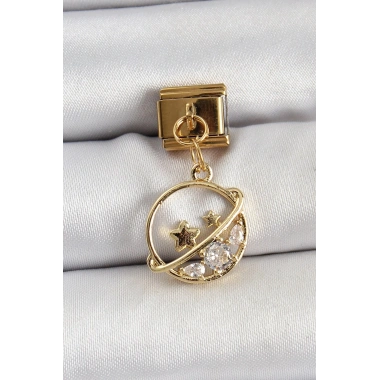 Mey İthalat® 316L Çelik Sallantılı Zirkon Taşlı Satürn Model Gold Renk Nomination Charm